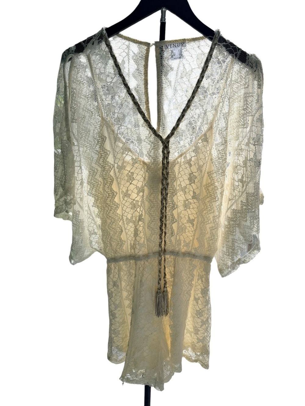 Venus Ivory Lace Sheer Romper with Tassel Tie